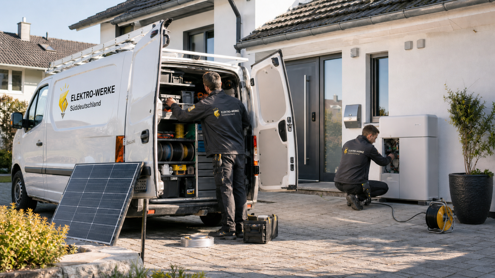 Monteure der Elektro Werke am Servicefahrzeug vor einem Wohnhaus, Installation eines Batteriespeichers